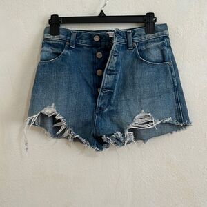 Authentic Moussy Mini Shorts SZ 26 Light Wash High Rise Button Front Distressed